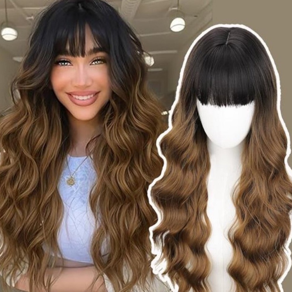 Long Black To Brown Wig with Bangs 26 Inch